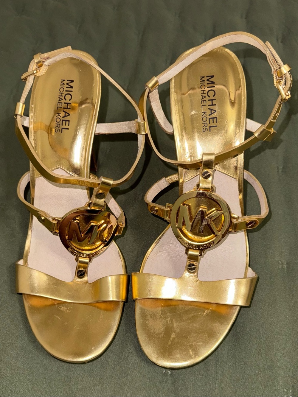 Michael Kors Metallic Gold Logo T-Strap Sandals size 8.5